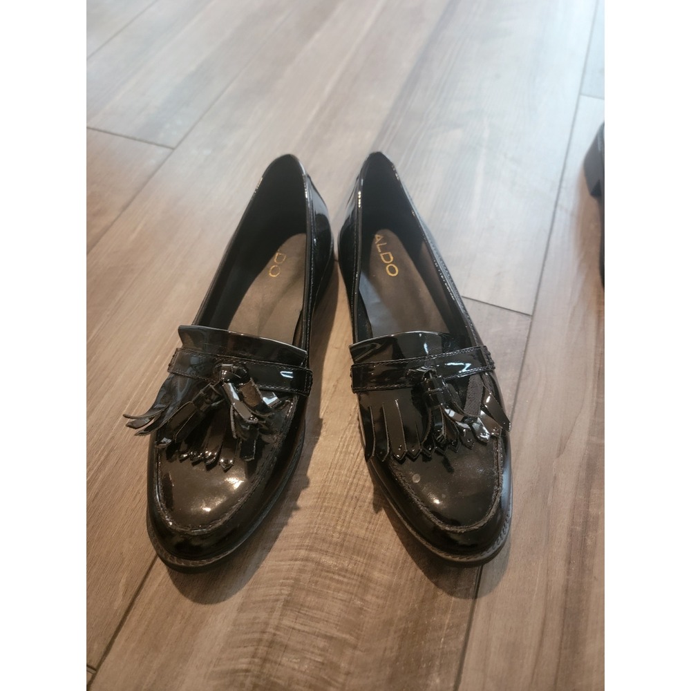 Aldo Crisp-95 Black Patent Leather Tassel Kiltie Loafers Womens Size 10